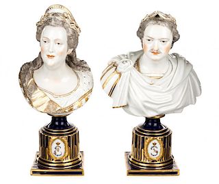 A PAIR OF RUSSIAN PORCELAIN BUSTS OF PETER I AND CATHERINE II, POSSIBLY RUSSIAN IMPERIAL PORCELAIN FACTORY