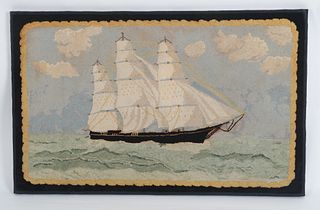 Large Folk Art Pictorial Hooked Rug; Ship