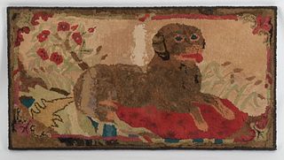Large Folk Art Pictorial Hooked Rug; Dog