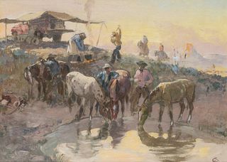 Charlie Dye (1906 – 1972) — Cow Camp at Sundown