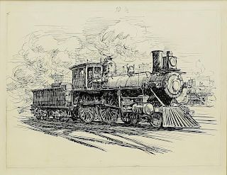Charles Huard American Locomotive Ink Drawing
