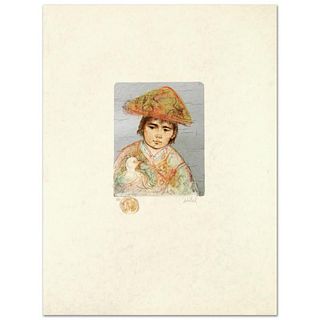 Boy with Chicken Limited Edition Lithograph by Edna Hibel (1917-2014), Numbered and Hand Signed with Certificate of Authenticity.