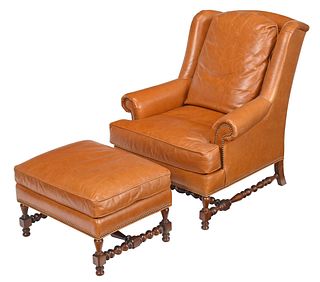William and Mary Style Leather Upholstered Walnut Easy Chair and Ottoman