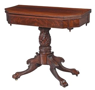  American Classical Carved and Figured Mahogany Pedestal Card Table