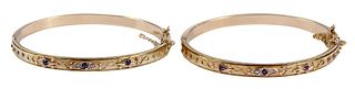 Two 15kt. Etruscan Revival Granulation Hinged Bracelets, with Gemstones and Diamonds
