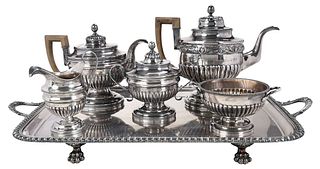 Five Piece Coin Silver Tea Service with Old Sheffield Plate Tray
