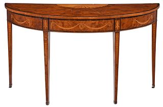 George III Yew, Satinwood, Harewood and Holly Demilune Console Table
