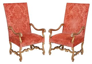 Pair of Louis XIV Style Custom Upholstered Giltwood Fauteuils