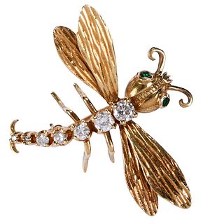 18kt. Diamond Dragonfly Brooch with Emerald Eyes 