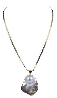 14kt. Blister Pearl with Diamonds Pendant and Chain