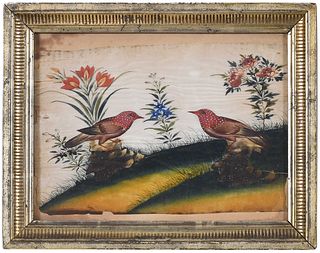 Framed Asian School Painting of Starlings on Fabric