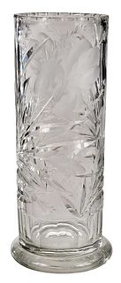 Tall Cut and Engraved Glass Vase