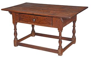 American Baroque Walnut and Yellow Pine Stretchered Base Tavern Table