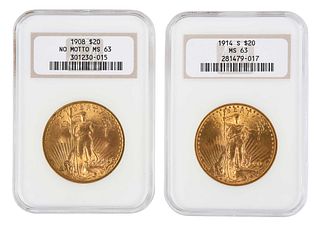 Two St. Gaudens Double Eagle $20 Gold Coins, NGC Graded 