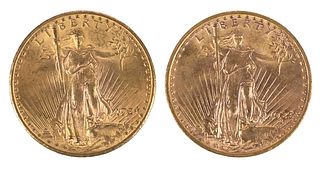 Two St. Gaudens Double Eagle $20 Gold Coins 