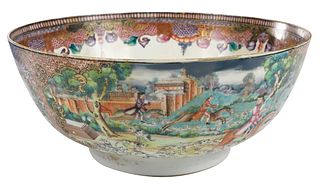 Chinese Export Porcelain 'Mandarin Palette' Hunt Scene Punch Bowl