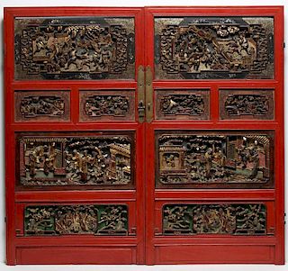 Pair of Chinese Carved, Gilded & Lacquered Panels