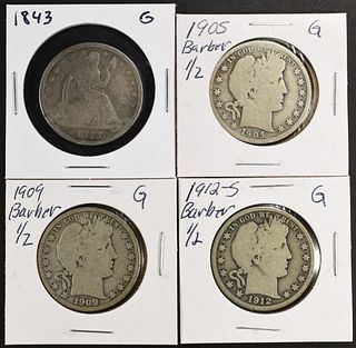 1843, SEATED, 1905, 09, 12-S BARBER HALVES