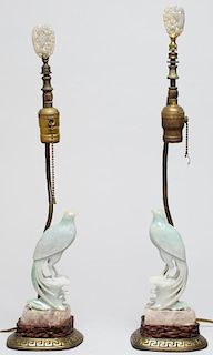 Pair of Chinese Figural Jade Bird Lamps