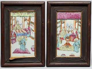 Pair Antique Chinese Famille Rose Painted Plaques