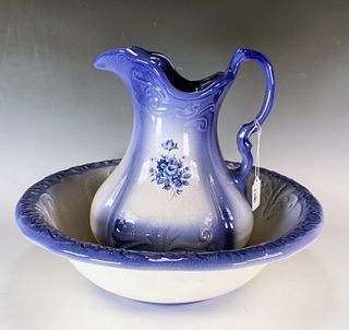 BLUE & WHITE WASH BASIN AND PITCHER