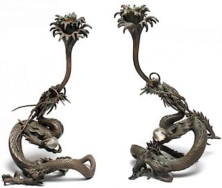 Pair of Chinese Bronze Dragon Candlesticks