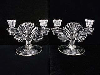 GLASS DUAL CANDLESTICK WITH FAN DECORATION 