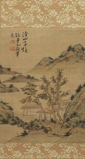 Chinese Inks on Silk Hanging Scroll Painting