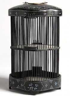Chinese Black Lacquer 2-Tier Bamboo Cricket Cage