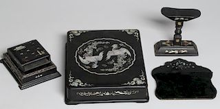 3 Asian Black Lacquer & Mother-of-Pearl Items