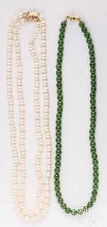 Jade necklace with 14K gold clasp, pearl necklace