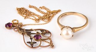 10K gold and pearl ring and 10K and 14K necklace