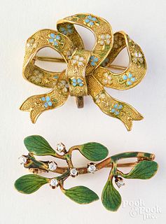 Two 14K gold, enamel, and diamond brooches
