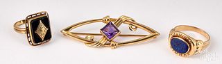 14K gold and gemstone brooch and two rings