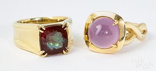 Two 18K gold and gemstone rings