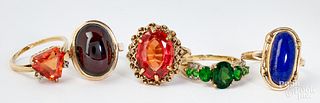 Five 10K gold and gemstone rings