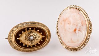 Antique 14K gold brooch, cameo ring