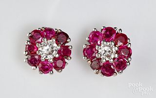 Pair of 14K white gold, ruby, and diamond earrings