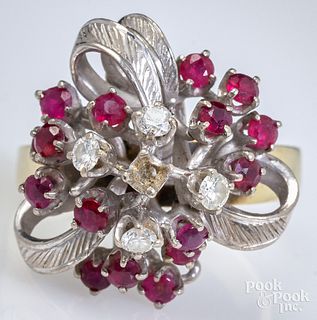 14K two tone gold, diamond, and ruby ring