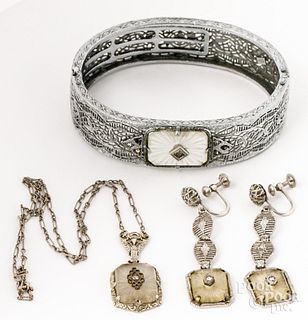 Silver filigree bracelet, necklace, earrings
