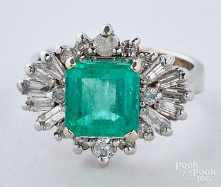 14K white gold, emerald, and diamond ring