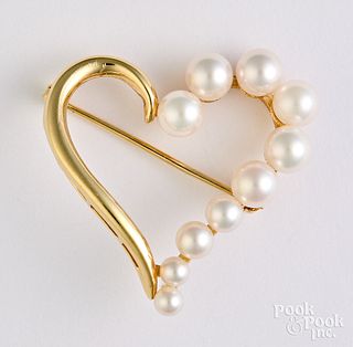 14K gold and pearl heart brooch