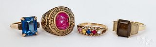 Four 10K gold and stone rings