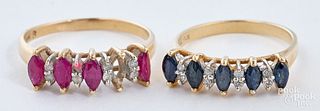 Two 14K gold, diamond, and gemstone rings