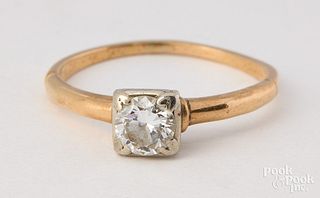 14K two tone gold diamond solitaire ring