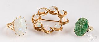 14K gold and opal ring and brooch, jade ring