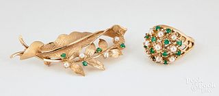 14K gold, pearl, and emerald brooch and ring