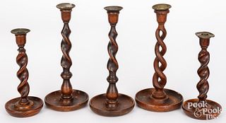 Five English oak spiral candlesticks