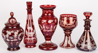 Five pieces Bohemian cut to clear glass, 19th c.