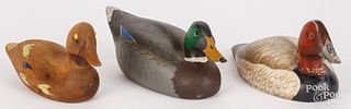 Three miniature carved and painted duck decoys